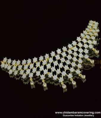 NLC770 - Elegant Modern Platinum Diamond Necklace White Stone One Gram Gold Choker Necklace Set  