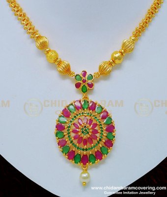 NLC773 - New Model Ruby Emerald Flower Design One Gram Gold Necklace for Women 