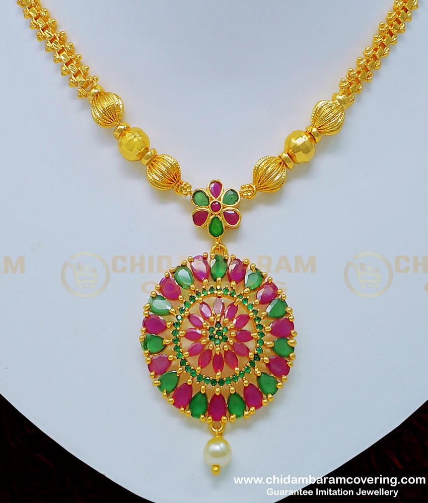 NLC773 - New Model Ruby Emerald Flower Design One Gram Gold Necklace for Women 