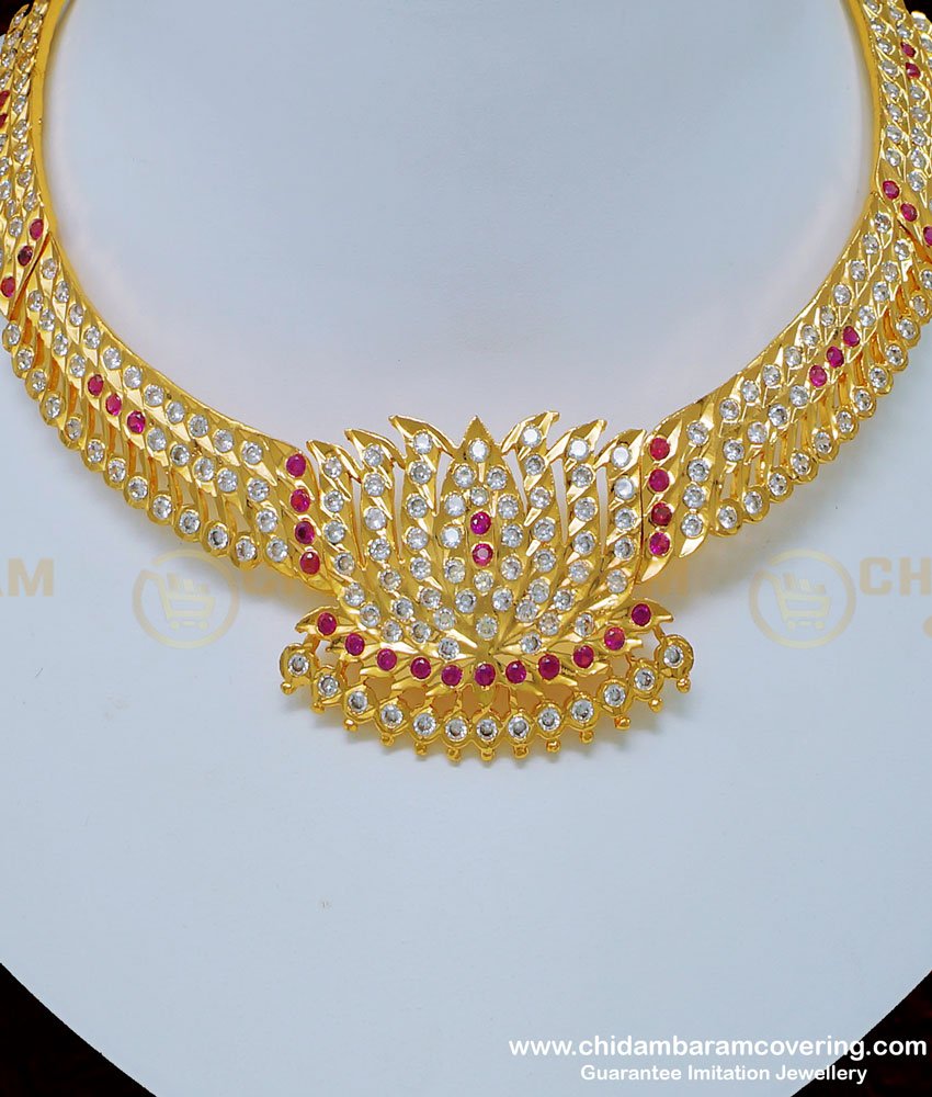 NLC800 - Traditional Impon Real Gold Design Lotus Design Necklace Attigai Choker for Wedding