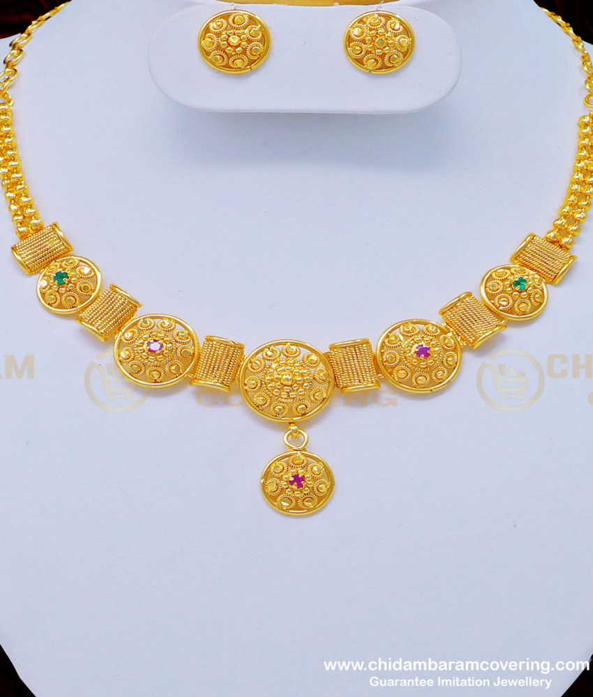 NLC801 - Buy Gold Forming Ruby Emerald Stone Simple Design Necklace with Earring Set for Women