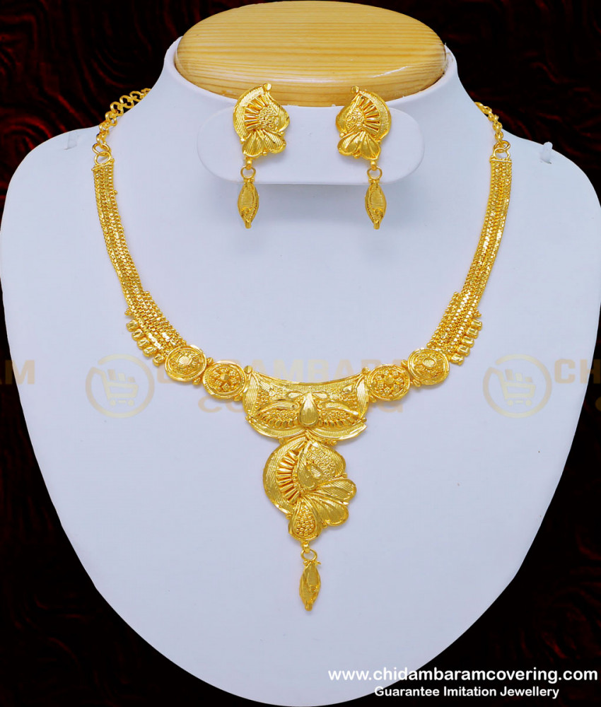 NLC802 - 1 Gram Gold Forming Party Wear Plain Necklace with Earring Set Online