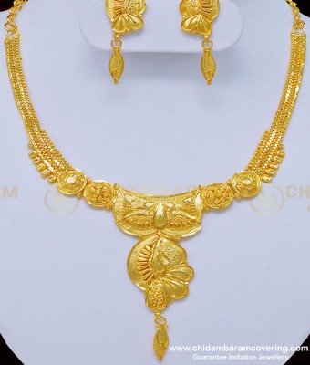 NLC802 - 1 Gram Gold Forming Party Wear Plain Necklace with Earring Set Online