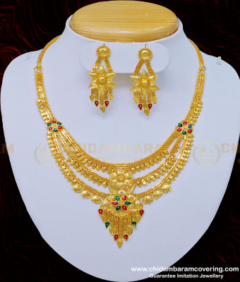 NLC805 - Traditional Gold Pattern Bridal Wear Forming Gold 3 Layer Necklace Set 