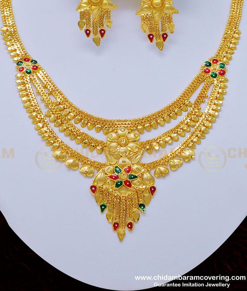 NLC805 - Traditional Gold Pattern Bridal Wear Forming Gold 3 Layer Necklace Set 