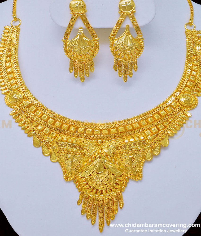 NLC807 - Traditional Wedding Gold Necklace Design 2 Gram Gold Necklace Set Online