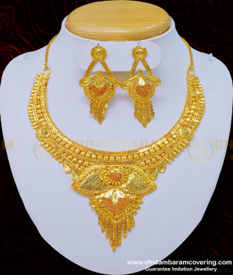 NLC808 - Marriage Bridal Gold Necklace Designs 2 Gram Gold Necklace with Earring Set 