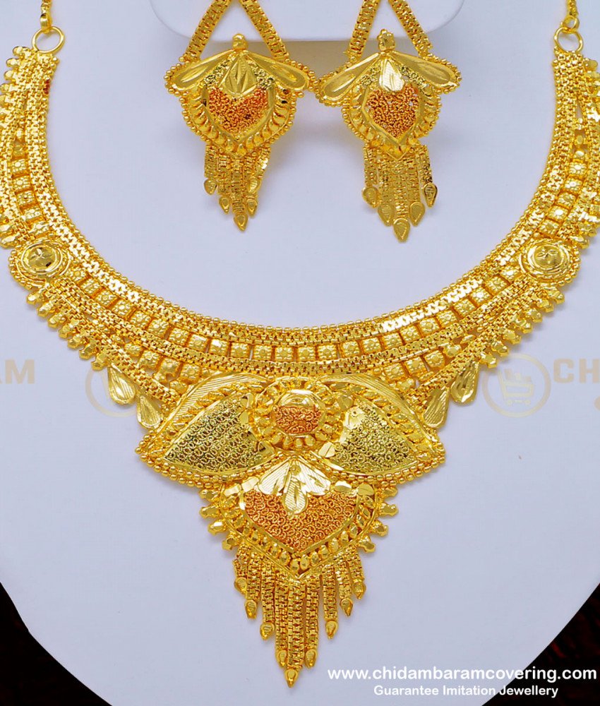 NLC808 - Marriage Bridal Gold Necklace Designs 2 Gram Gold Necklace with Earring Set 