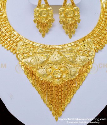 NLC810 - Stunning Gold First Quality Bridal Wear Forming Gold Plain Necklace Set for Wedding