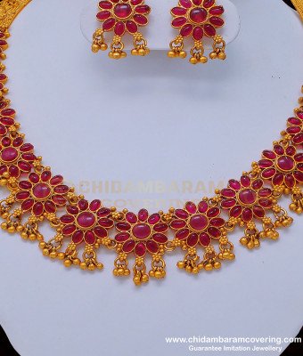 NLC811 - Beautiful Temple Jewellery Flower Design Pink Stone Choker Necklace Buy Online
