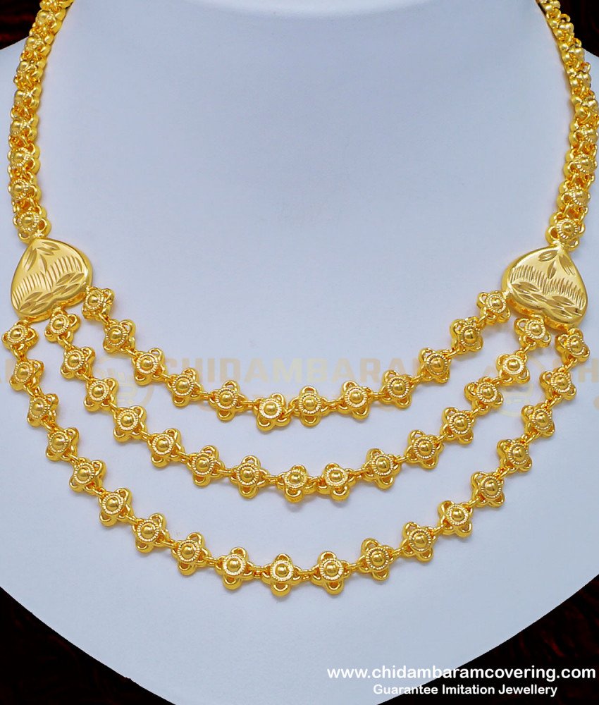 NLC813 - Latest Light Weight 3 Line Necklace 1 Gram Gold Layered Necklace for Ladies 