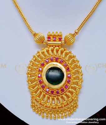 NLC815 - Traditional Kerala Green Palakka Big Size Locket Chain Necklace 1 Gram Gold Jewellery