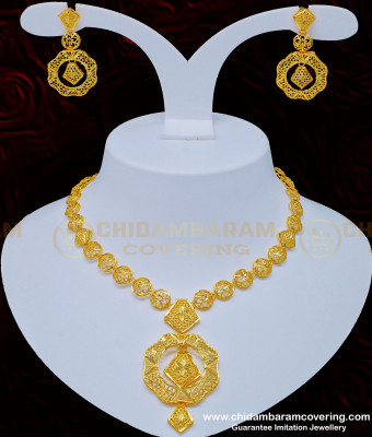 NLC819 - Latest Dubai Gold Necklace Design Light Weight Flexible Necklace with Earring Imitation Jewellery