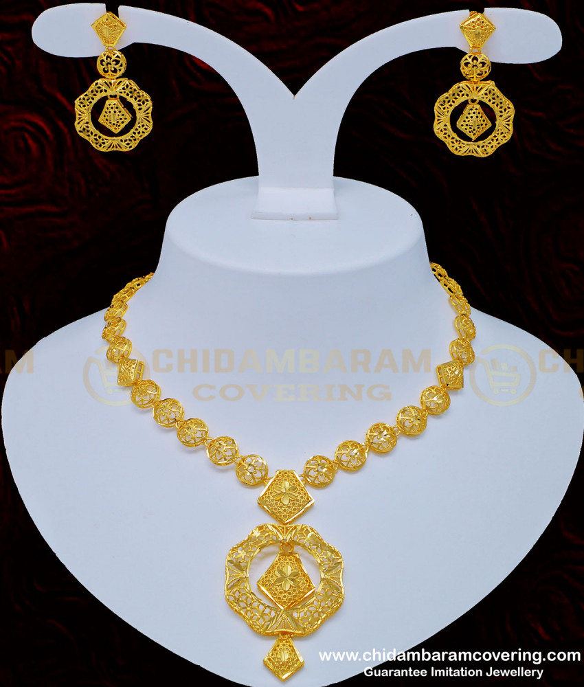 NLC819 - Latest Dubai Gold Necklace Design Light Weight Flexible Necklace with Earring Imitation Jewellery