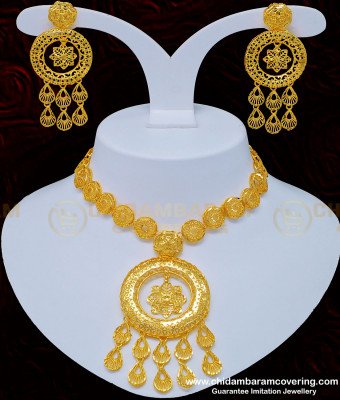 NLC822 - 1 Gram Gold Bridal Wear First Quality Dubai Gold Necklace Set for Wedding 