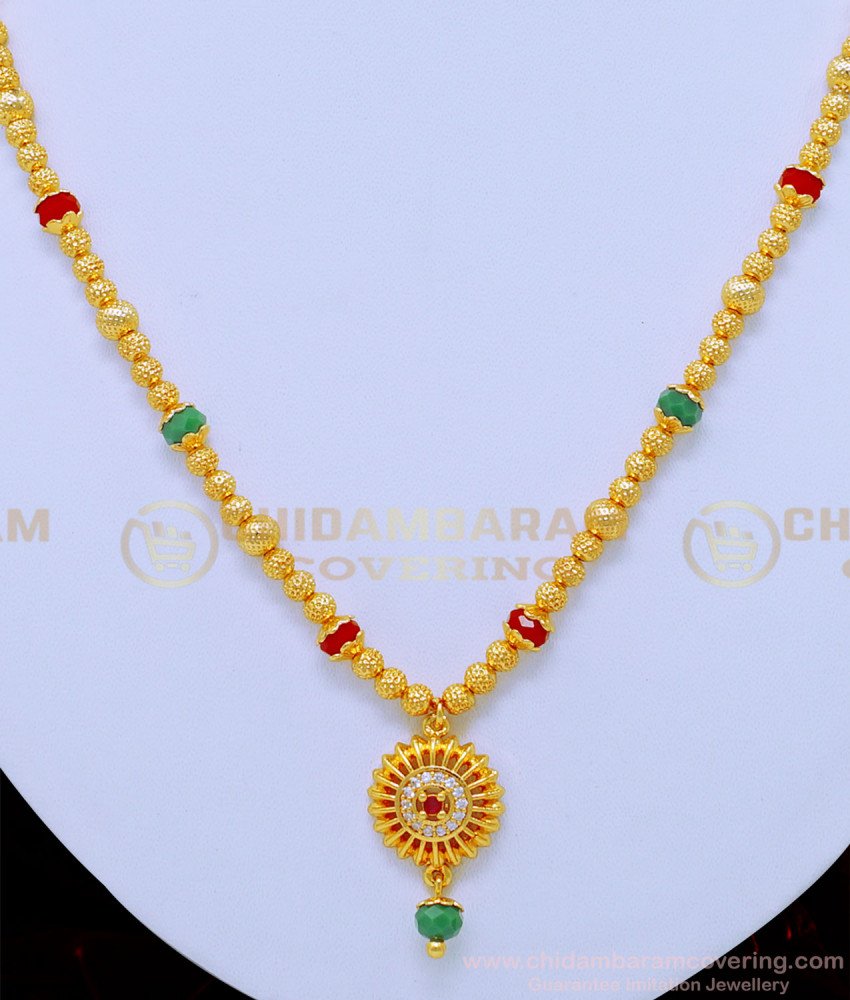 NLC825 - One Gram Gold Green and Red Crystal Balls Necklace for Women 