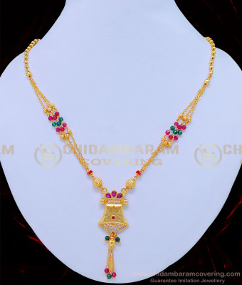 NLC826 - New Model Pink and Green Crystal 3 Line Chain Type Necklace for Women 
