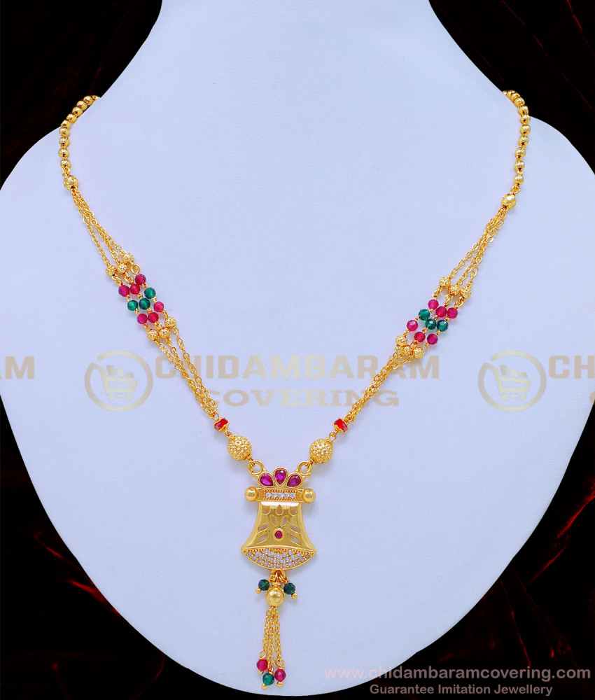 NLC826 - New Model Pink and Green Crystal 3 Line Chain Type Necklace for Women 