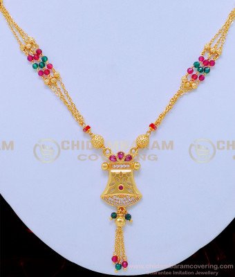 NLC826 - New Model Pink and Green Crystal 3 Line Chain Type Necklace for Women 