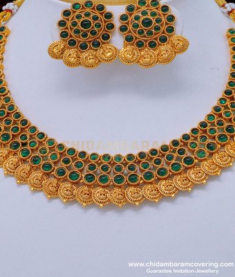 NLC829 - Latest Handmade Kemp Green Stone Lakshmi Kasumalai Nagas Necklace Set 