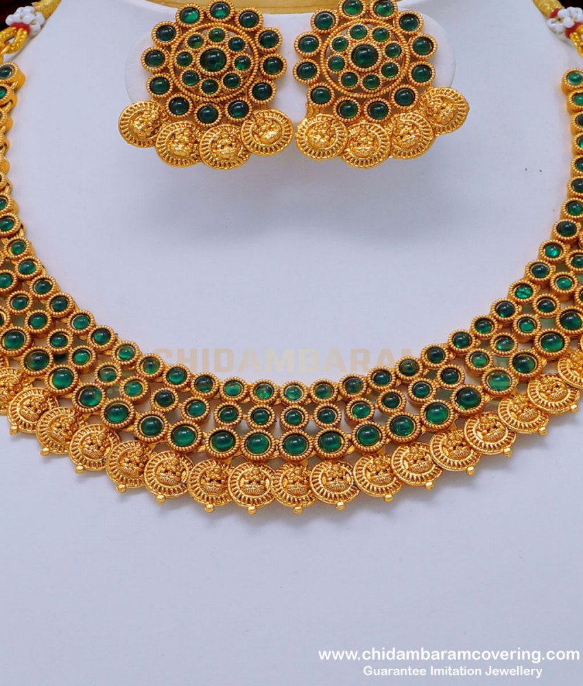 NLC829 - Latest Handmade Kemp Green Stone Lakshmi Kasumalai Nagas Necklace Set 