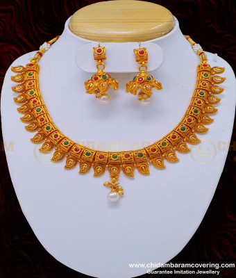 NLC835 - Premium Quality Matte Finish Kemp Stone Imitation Jewellery Mango Necklace Nagas Jewellery Set 