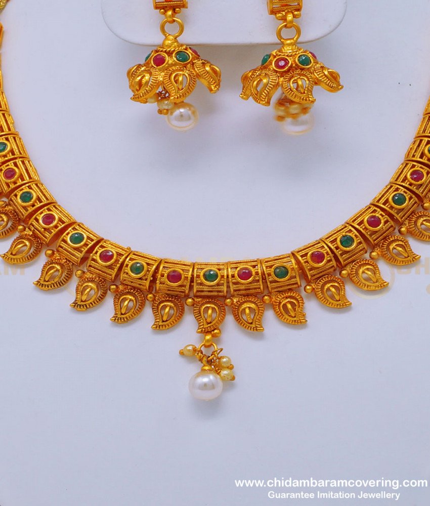 NLC835 - Premium Quality Matte Finish Kemp Stone Imitation Jewellery Mango Necklace Nagas Jewellery Set 