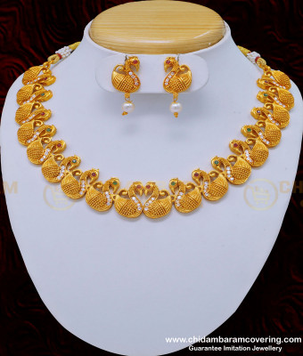 NLC836 - Fashion Jewellery Peacock Design White Stone Antique Temple Necklace with Earring Set