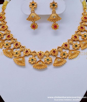NLC837 - Function Wear Earring Design Multi Stone Antique Necklace Set Low Price Temple Jewellery 