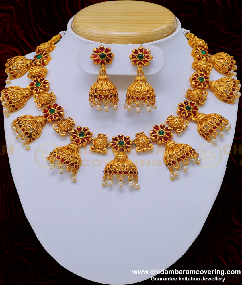 NLC838 - Trendy Jhumka Necklace Ruby Emerald Function Wear Antique Temple Jewellery Online