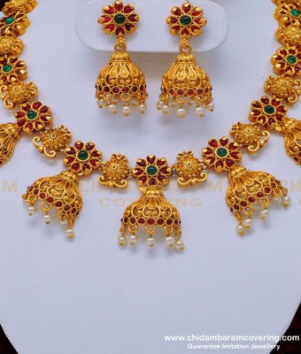 NLC838 - Trendy Jhumka Necklace Ruby Emerald Function Wear Antique Temple Jewellery Online
