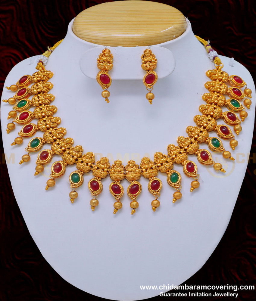 NLC839 - South Indian Temple Jewellery Lakshmi Choker Design Necklace with Earring Combo Set 