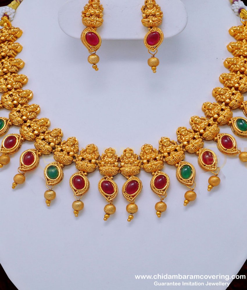 NLC839 - South Indian Temple Jewellery Lakshmi Choker Design Necklace with Earring Combo Set 