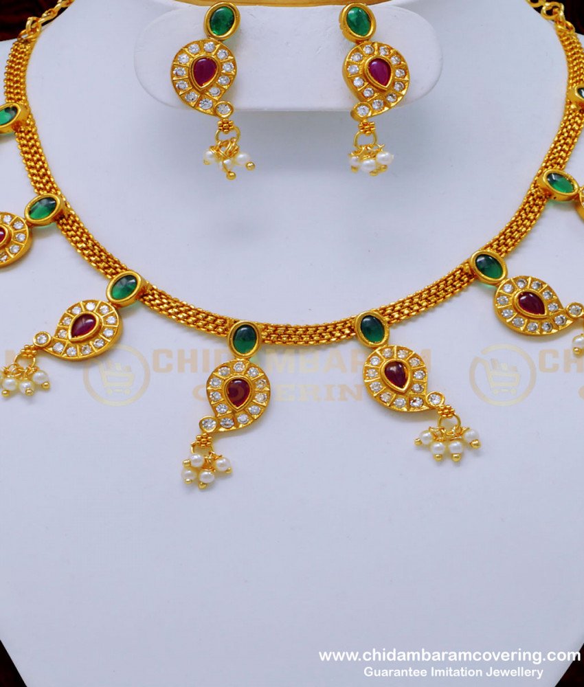 NLC840 - First Quality Temple Jewellery Mango Design Stone with White Pearl Beads Attigai Necklace Set   