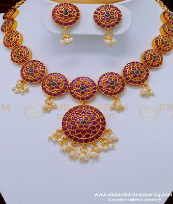 NLC841 - First Quality Real Kemp Stone Bridal Wear Temple Jewellery Pearl Beads Attigai Necklace with Earring  
