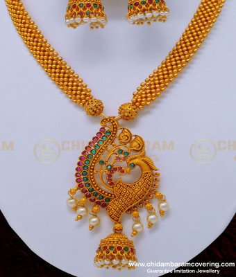 NLC842 - Trendy Peacock Design Pearl Beaded Necklace with Jhumkas Temple Jewellery Online 