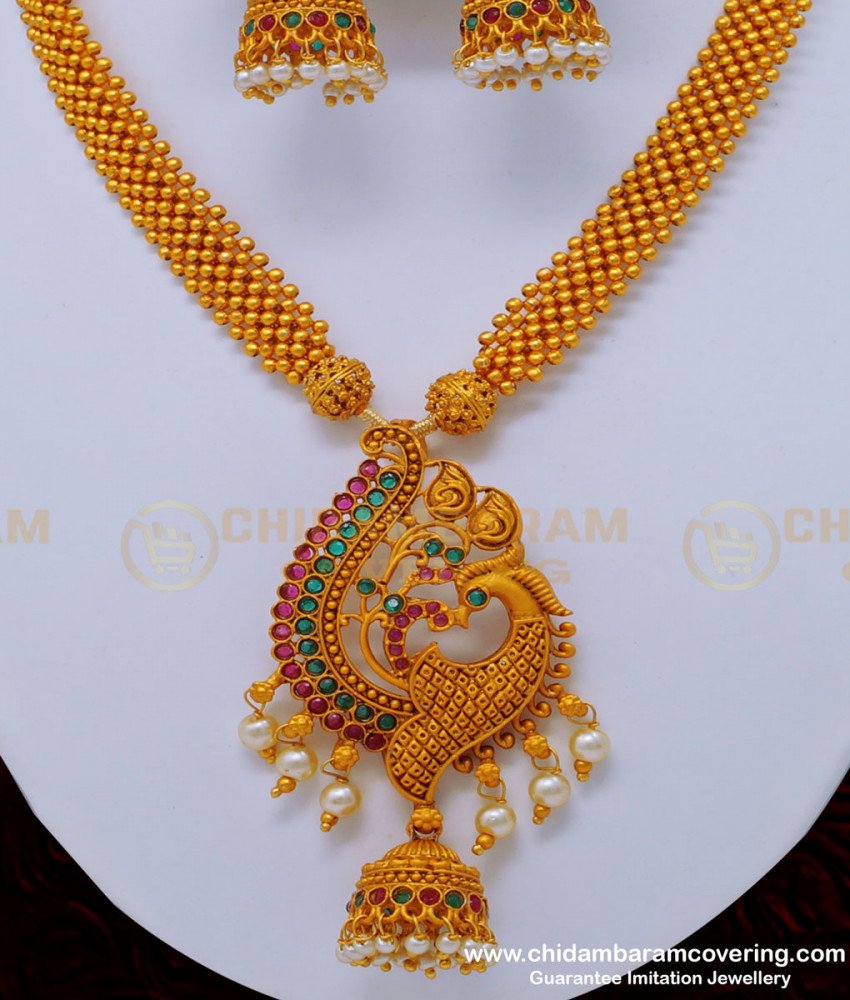 NLC842 - Trendy Peacock Design Pearl Beaded Necklace with Jhumkas Temple Jewellery Online 