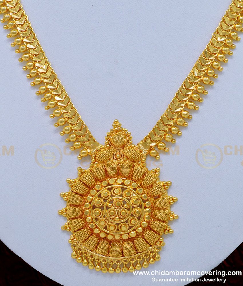 NLC846 - Traditional Gold Beads Heart Chain Plain Gold Covering Necklace Design for Wedding