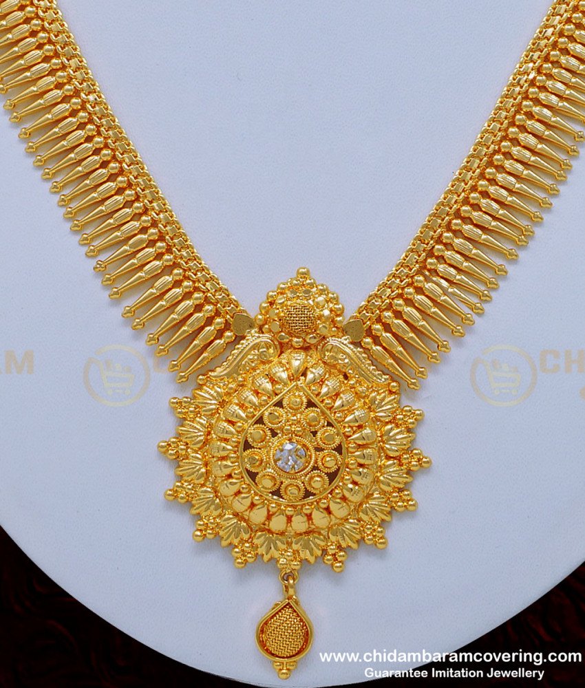 NLC855 - Wedding Gold Necklace Design White Stone Mulla Arumbu Necklace for Women 