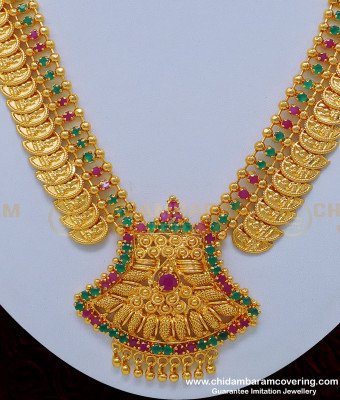NLC858 - Latest Ruby Emerald Lakshmi Coin Mango Design Grand Look Necklace Online  