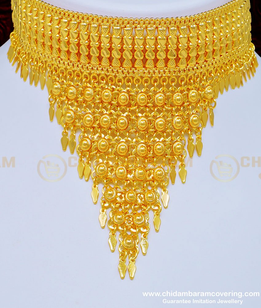 NLC861 - Kerala Style Gold Design Shiny Hanging Net Elakkathali Necklace 1 Gram Gold Bridal Jewelry