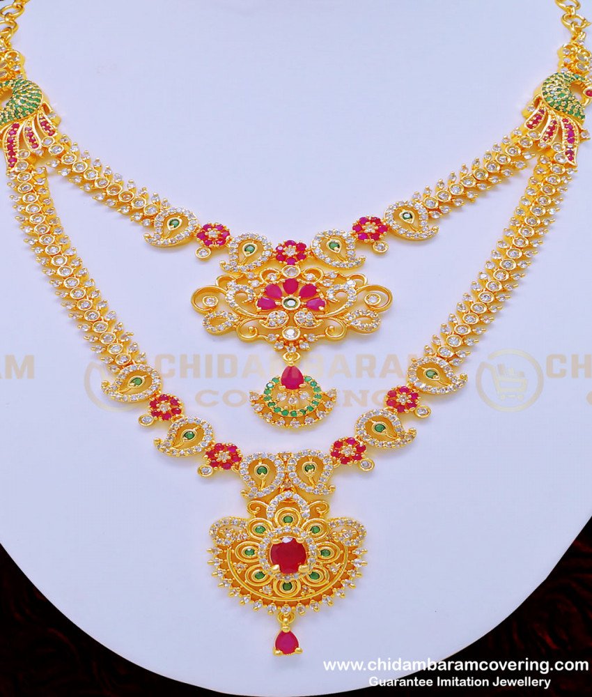 NLC872 - Grand Look One Gram Gold First Quality Double Layer Ad Stone Necklace for Wedding  