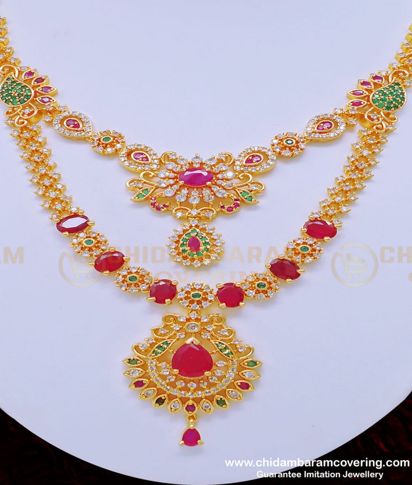 NLC873 - Attractive Gold Look First Quality American Diamond 2 Line Ad Stone Necklace Online