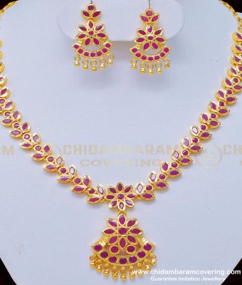 NLC874 - South Indian Wedding Jewellery Ruby Stone Attigai Necklace with Earring Set Online