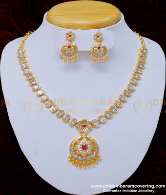 NLC875 - New Arrival Wedding Jewellery American Diamond White Stone Impon Necklace Set Online