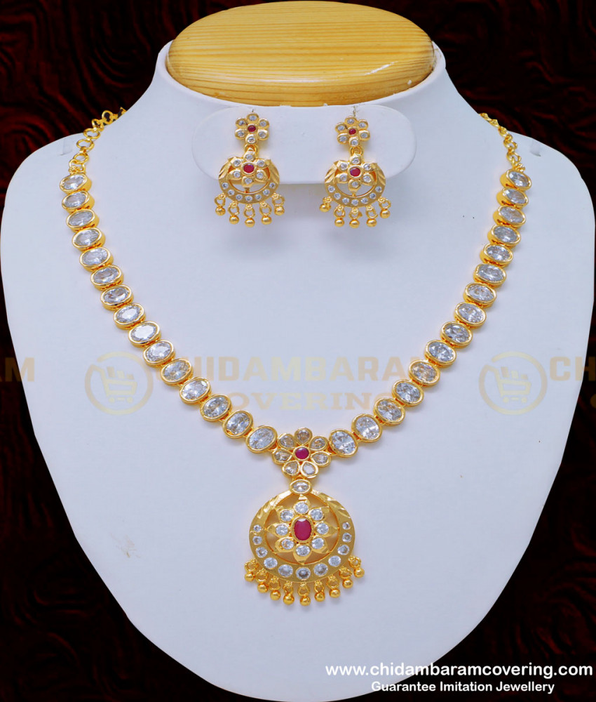 NLC875 - New Arrival Wedding Jewellery American Diamond White Stone Impon Necklace Set Online
