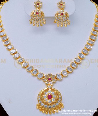 NLC875 - New Arrival Wedding Jewellery American Diamond White Stone Impon Necklace Set Online