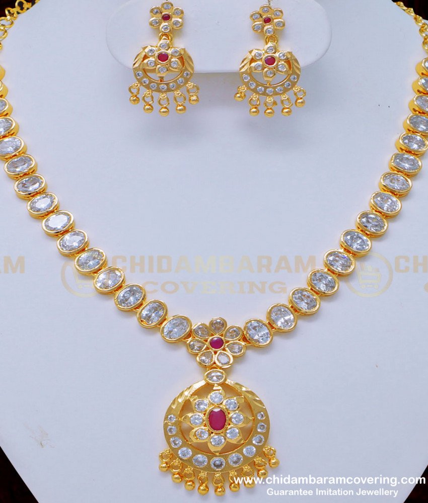 NLC875 - New Arrival Wedding Jewellery American Diamond White Stone Impon Necklace Set Online