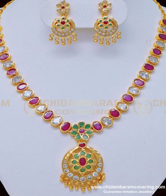 NLC876 - Wedding Gold Necklace Design American Diamond White and Ruby Stone Impon Necklace Set Online