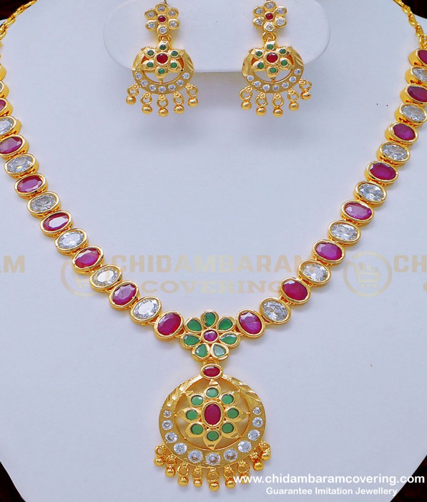 NLC876 - Wedding Gold Necklace Design American Diamond White and Ruby Stone Impon Necklace Set Online